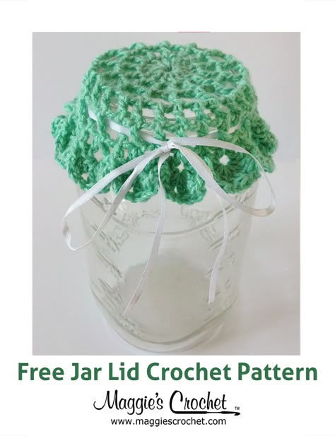 Jar Lid Free Crochet Pattern from Maggie's Crochet. Crochet Mason Jar Covers, Crochet Mason Jar, Mason Jar Covers, Jar Lid Cover, Jar Toppers, Crochet Jar Covers, Crochet Mug Cozy, Jar Covers, Kitchen Crochet