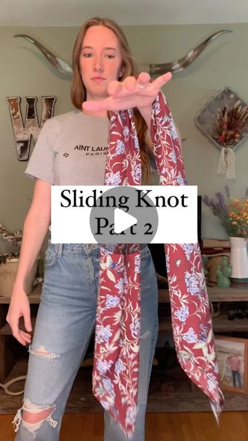 Mikayla Woodzell- WranglinRags on Instagram: "How to: Tie a sliding knot- part 2 I showed you guys one way to tie this knot and here is a different way to get the same result! Which way do you find easier? #wildrag #wranglinrags #wildragtutorial #westernwear #westernstyle #westernlifeandstyle" How To Tie A Buckaroo Knot, How To Tie Western Neck Scarf, How To Tie Western Style Scarf, How To Tie A Western Scarf, Wild Rag Ties, How To Tie Wild Rags, How To Tie A Wild Rag, Sliding Knot Tutorial, Scarf Updo