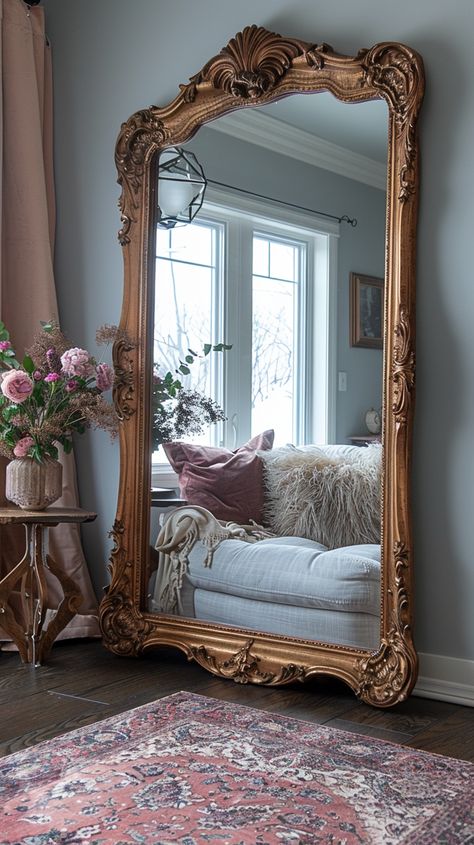 Small Space Look Bigger, Big Mirror In Bedroom, Illusion Of Space, Mirror Antique, Romantic Aesthetic, Big Mirror, Large Wall Mirror, Bedroom Renovation, Small Room Design