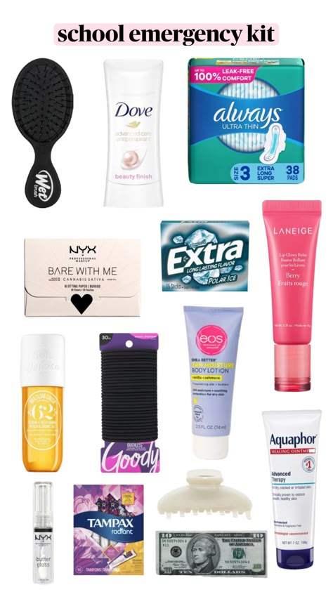 emergency kit for back to school!! 💞 #beauty #emergencykit #school #backto school #outfitinspo #inspoboard #itgirl Summer Bag Essentials, Get Well Baskets, Middle School Essentials, School Emergency Kit, School Backpack Essentials, School Beauty, Pretty School Supplies, Everyday Bag Essentials, Gym Bag Essentials