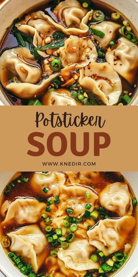 Warm up with a bowl of potsticker soup! 🍲 Tender potstickers in a savory broth make this the perfect comfort food. Easy to make and customizable with your favorite veggies. Ideal for cozy nights or a quick dinner! #PotstickerSoup #SoupRecipe #ComfortFood #EasySoup #AsianCuisine #HomemadeSoup #CozyMeals 🥢 Potsticker Meal Ideas, Potsticker Soup, Potstickers Recipe, Vodka Pasta, Fall Soup Recipes, Pasta Soup, Food Easy, Fall Soups, Savory Soups