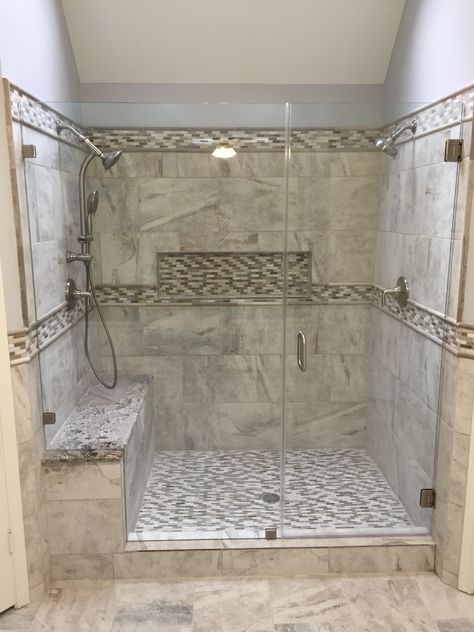 Double Shower Head With Bench, Walk In Shower Ideas 2023, Double Shower Head Master Baths Walk In, Double Shower Ideas, Double Shower Head Master Baths, Double Shower Head, Beige Marble Bathroom, Tiled Showers, Double Shower Heads