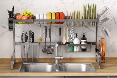 The Best Over the Sink Racks to Organize Your Kitchen - Bob Vila Above Sink Shelf, Over Sink Dish Drying Rack, Sink Dish Drying Rack, Organiser Cucina, Sink Drying Rack, Above Sink, Sink Dish Rack, Sink Shelf, Dish Drying Rack