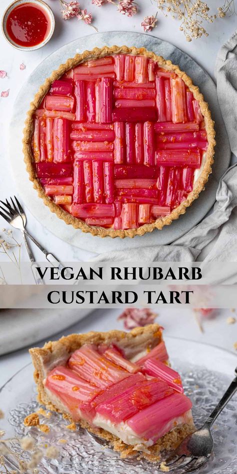 Vegan Rhubarb Pie, Vegan Rhubarb Cake, Vegan Custard Tart, Rhubarb Tart Recipe, Rhubarb Recipes Vegan, Rhubarb Vegan Recipes, Vegan Rhubarb Recipes, Rhubarb Tarte, Whimsical Baking