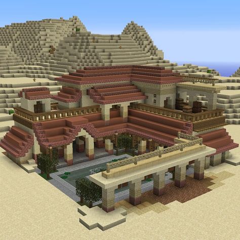 Minecraft Open House Ideas, Elegant Minecraft Houses, Minecraft Greek House Ideas, Minecraft Mexican Style House, Minecraft Open House, Minecraft Hacienda, Minecraft Compound, Minecraft Building Ideas Desert, Minecraft Mediterranean House