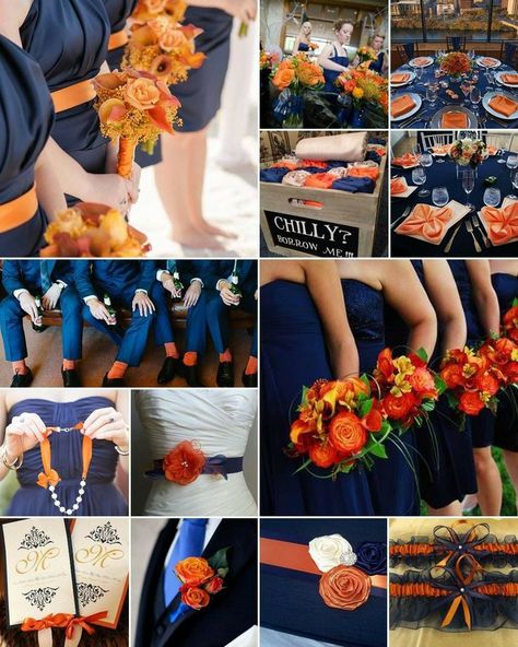 Groom Attire Navy Blue And Burnt Orange, Navy Blue Orange Yellow Wedding Color Palettes, Rust And Navy Blue Wedding Decor, Navy Blue And Burnt Orange Wedding, Navy And Burnt Orange Wedding, Navy And Orange Wedding, Orange And Blue Wedding, Blue Orange Weddings, Navy Wedding Theme