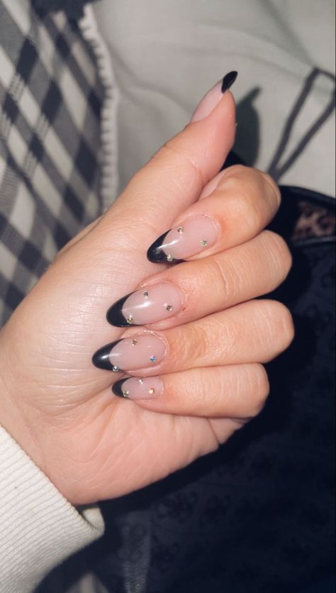 Black French nails Black French Diamond Nails, Black Tips With Rhinestones, Black French With Diamonds, Black Alomd Nails Ideas, Eras Your Nail Ideas, Black French Tip Nails Sparkle, Taylor Swift Nails Inspired Eras Tour Reputation, Reputation Themed Nails, Black French Tip Nails With Diamonds