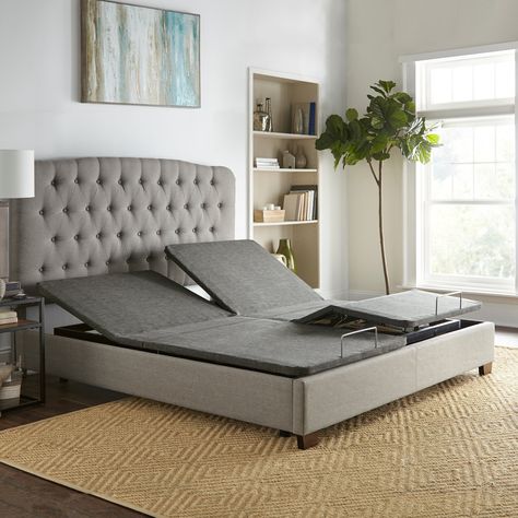 Sleep Sync Split King Upholstered 08 Adjustable Bed Frame Base with Wireless Remote, Gray Unique Bed Frames, Twin Xl Bed Frame, Bed Base Frame, Adjustable Bed Base, Adjustable Bed Frame, Adjustable Bed, Traditional Bed, Buy Bed, Queen Bed Frame