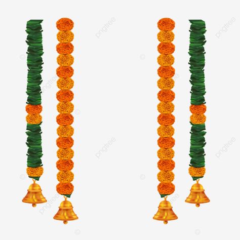 toran marigold garland decoration with bell vector festival decoration marigold garland green garl Marigold Garland Decoration, Toran Png, Pillar Decor, Marigold Garland, Groom Cartoon, Indian Invitation, Garland Of Flowers, Bride And Groom Cartoon, Indian Invitation Cards