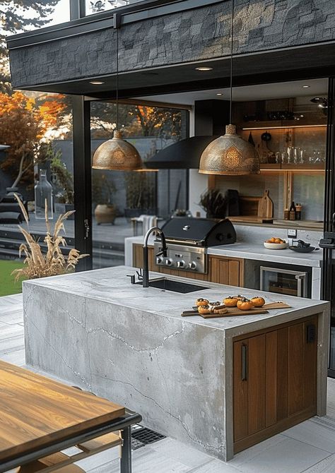 Miami Suburbs, Indoor Bbq, Concrete Outdoor Kitchen, Small Outdoor Kitchens, Rooftop Patio Design, Kitchen Triangle, Modern Outdoor Kitchen, Backyard Dreams, Outdoor Kitchen Ideas