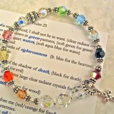 23rd Psalm Elastic. $28, Contains: Swarovski Crystals, Sterling Silver Cross and Beads. Prayer card describing significance of color of beads. buchingham.style.com Psalm Bracelet, Psalm 23 Bracelet, 23 Psalm, The 23rd Psalm, Salvation Bracelet, 23rd Psalm, Psalms 23, Prayer Jewelry, Scripture Jewelry