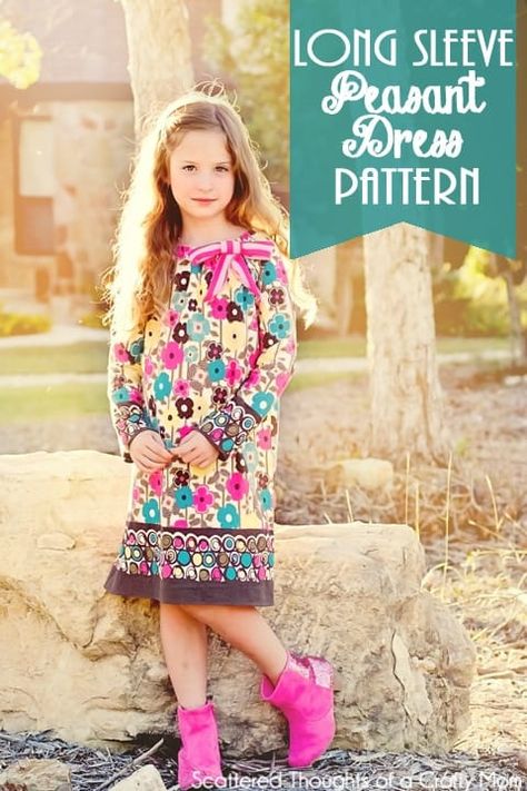 Free Long Sleeve Peasant Dress Pattern, the printable pdf pattern is available in sizes 12 month to 10 yr. Peasant Dress Pattern Free, Peasant Dress Pattern, Long Sleeve Peasant Dress, Peasant Dress Patterns, Dress Pdf Pattern, Crafty Mom, Sewing Kids Clothes, Dress Tutorials, Sewing Patterns For Kids