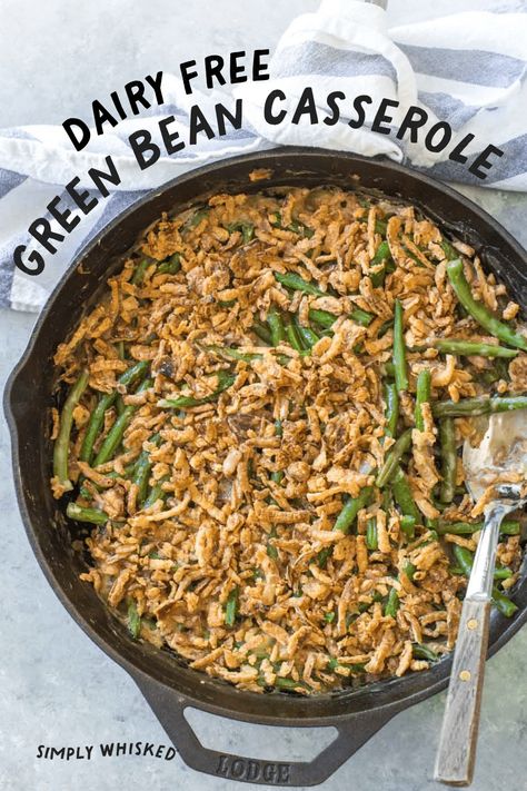 This is the EASIEST homemade green bean casserole and it's dairy free! Make it vegan with vegetable broth Food Recipes Dairy Free, Green Bean Casserole Gluten Free, Dairy Free Green Bean Casserole, Gluten Free Green Bean Casserole, Green Bean Casserole From Scratch, Casserole Gluten Free, Traditional Green Bean Casserole, Homemade Green Bean Casserole, Crispy Fried Onions