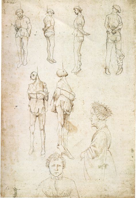 Pisanello's study of hanged men (c.1430s). Provides rare glimpses of body linen, hose (note in particular the hose with attached leather soles worn by the figure at top right). Gallery Drawing, British Museum London, Hanged Man, Black White Tattoos, Travel Sketchbook, Body Sketches, How To Make Drawing, Body Reference Drawing, Lost And Found