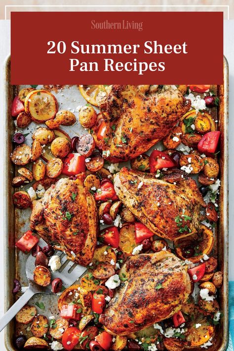 Sheet pans are the ultimate kitchen workhorse, even in the summer. That's why we've gathered some of our favorite sweet and savory summer sheet pan recipes to make all season long. We've included slab pies that use fresh seasonal fruit, and speedy chicken dinners that cook alongside veggies all on one pan. Line the sheet pan with aluminum foil, and there's even fewer dishes to worry about when making these recipes. #sheetpan #sheetpanrecipes #summerrecipes #summerdinners #sheetpandinner Sheet Pan Dinners For 2, Summer Sheet Pan Dinner Ideas, Sheetpan Dinner Recipes, Traybake Dinner, Chicken Sheet Pan Dinner, Pan Dinner Recipes, Slab Pies, Summer In The South, Sheet Pan Meals Chicken