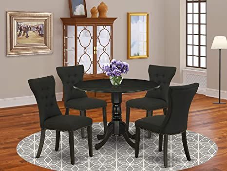 East West Furniture dining set, Wirebrushed Black Kitchen Dinette Sets, Fabric Kitchen Chairs, Wooden Dining Table Set, Round Dining Room Sets, Mid Century Dining Table, Modern Dining Table Set, Kitchen Table Chairs, Round Dining Room Table, Round Dining Table Sets