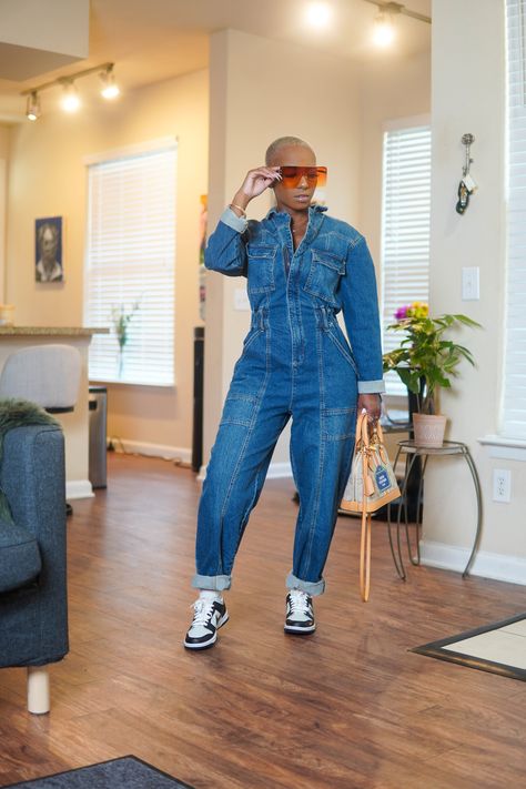 Denim Jumpsuit Outfit With Sneakers, How To Style Jean Jumpsuit, Outfits With Blue Sneakers, Denim Sneakers Outfit Women, Target Jumpsuit Outfit, Denim Jumpsuit Styling, Comfy Casual Fall Outfits 2024, Denim And Sneakers Outfit, How To Style A Denim Jumpsuit