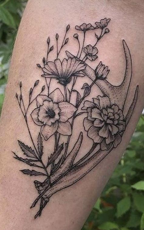 Women’s Hunting Tattoo, Women Antler Tattoo, Deer Skull And Flowers Tattoo, Deer Shed Tattoo, Tattoo Ideas Female Hunting, Western Neck Tattoos Women, White Claw Tattoo, Deer Antler Sleeve Tattoo, Women Hunting Tattoos