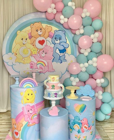 Care Bears Birthday Theme, Carebear Theme Party Decorations, Care Bears Party Theme, Care Bear Balloon Arch, Care Bear Gender Reveal Ideas, Carebears Party Theme, Carebear Baby Shower Theme Girl, Care Bears Gender Reveal, Care Bear Birthday Theme