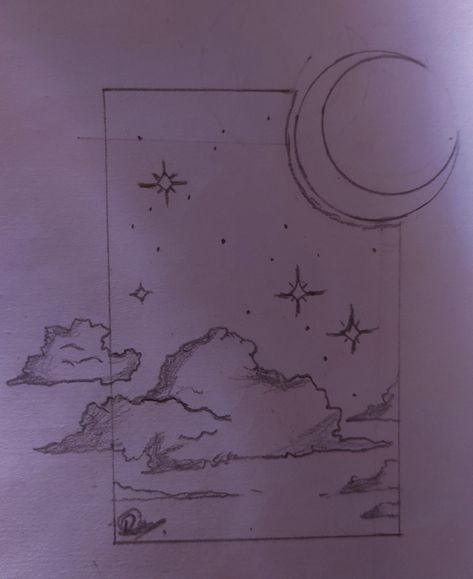 Dreaming Drawing Ideas, Moon Sketches Aesthetic, Drawing Ideas Moon And Stars, Night Sky Pencil Drawing, Night Sky Drawing Easy, Moon Drawing Pencil Sketches, Moon And Stars Sketch, Sky Drawing Pencil, Drawing Moon And Stars