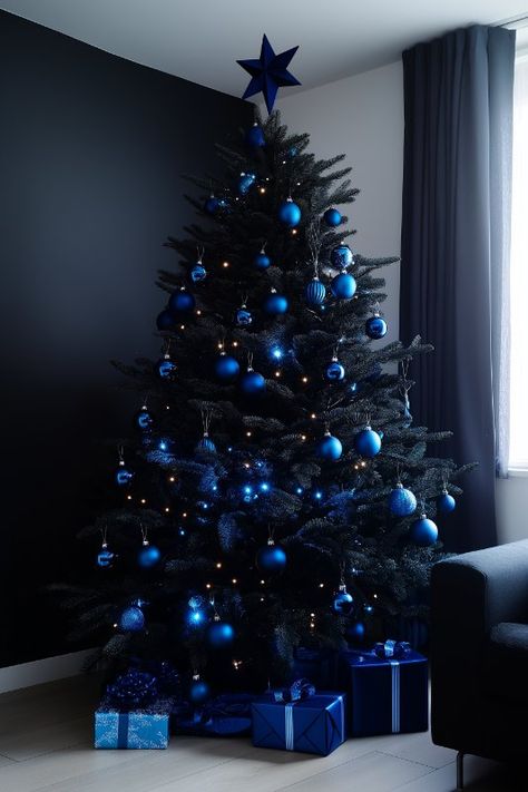 25 Black Christmas Tree Decorations: Stylish Ideas To Try Blue And White Christmas Decor Ideas, Navy Blue And Gold Christmas Tree, Dark Blue Christmas Aesthetic, Christmas Tree With Blue Decorations, Dark Blue Christmas Tree, Navy Blue Christmas Decor, Christmas Tree Ideas Themed, Space Christmas Tree, Navy Blue Christmas Tree