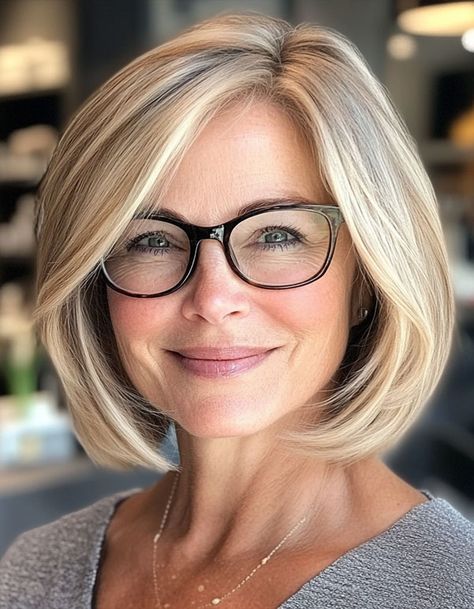 Elegant Blonde Sleek Layered Bob, Bob Haircut For Women Over 60 with Glasses Bob Hair With Glasses, Round Bob With Bangs, Bob Haircut With Glasses, Bob Hairstyles With Glasses, Haircuts With Glasses, Layered Blonde Bob, Medium Blonde Bob, Low Maintenance Haircuts For Women, Blonde Bob With Bangs