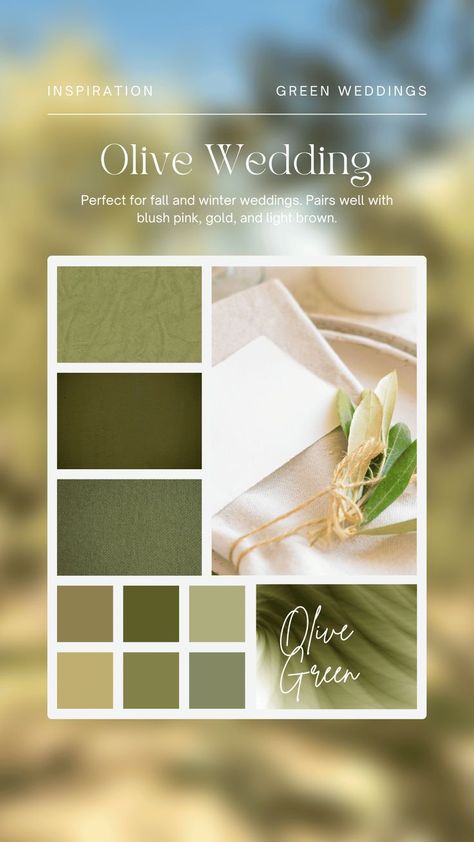 Looking for a versatile and classic wedding palette? Olive Green is perfect for any season! This romantic and elegant color pairs beautifully with blush pink, gold, and light brown. Capture unforgettable wedding photos that showcase the warmth and wisdom of this timeless color. #olivegreenwedding #weddingpalette #weddingphotos #weddinginspiration #weddingideas #weddingdecor #weddingstyle #weddingtrends #GreenWedding #WeddingColors2024 #WeddingColors2023 Olive Wedding Color Palette, Olive Green And Ivory Wedding Color Palettes, Olive Green And Champagne Gold Wedding, Olive Gold Color Palette, Olive Green Champagne Wedding, Olive Green And Champagne Wedding Color Schemes, Olive Green Wedding Palette, Green Brown Color Scheme, Olive Green And Champagne Wedding