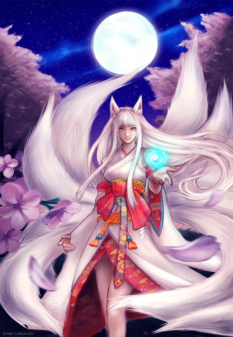 Kitsune Ahri by nyaruko.deviantart.com on @deviantART Girl With White Hair, White Hair, The Story, Moon, Flowers, Anime, Hair, Blue, White