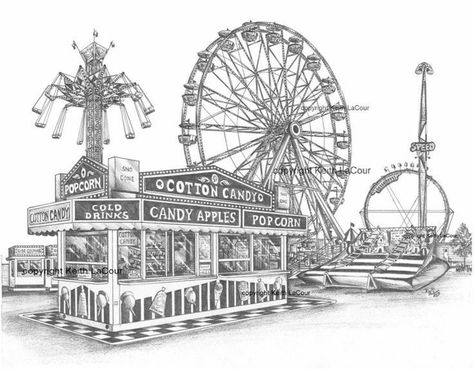 Carnival Tattoo, Ride Drawing, Fair Theme, Carnival Art, Carnival Rides, Parc D'attraction, Perspective Art, House Drawing, Color Pencil Drawing