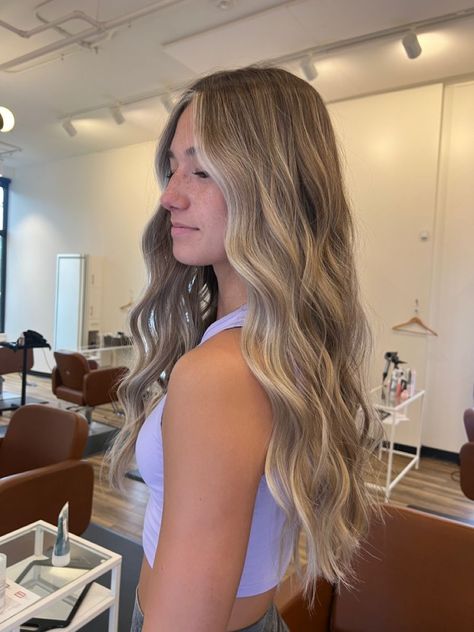 Loved In Highlights, Hair For Summer Color, Hair Color Inspo Highlights, Embreigh Courtlyn Hair, Blonde Balayage With Bold Money Piece, Hair Inspo Color Dirty Blonde, Blonde Balayage With Face Frame, Hair Inspo Dark Blonde, Highlights With Natural Roots