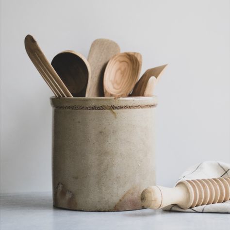 These beautiful antique stoneware crocks will make the perfect rustic farmhouse accent. Primitive crocks make great utensil holders in the kitchen or use them as a vase or planter. The rich earthy tones make them the perfect timeless neutral. Farmhouse Kitchen Utensil Holder, Wabi Sabi Kitchen, Antique Stoneware Crocks, Utensil Holders, Modern Farmhouse Kitchen, Farmhouse Pottery, Stoneware Crocks, Antique Stoneware, Handmade Stocking