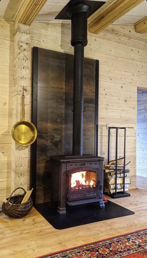 Wood Stove Tile Wall, Wood Burning Stove On Flat Wall, Wood Stove With Brick Surround, Wood Stove Center Of Room, Large Wood Stove, Walls Behind Wood Stoves Ideas, Pellet Stoves Ideas, Freestanding Wood Fireplace, Wood Stove Platform