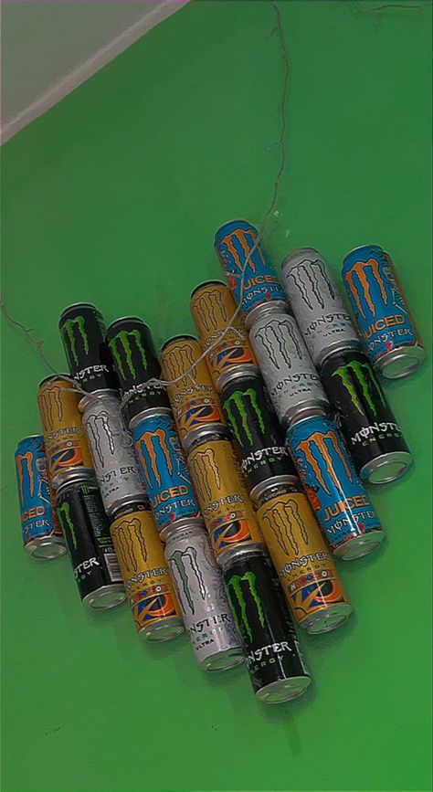 Soda Can Art Projects, Monster Cans Hanging From Ceiling, Monster Can Crafts Mask, Ideas To Do With Monster Cans, Monster Drinks Diy, Monster Can Heart Wall, Monster Can Wall Decor, Soda Can Room Decor, Monster Energy Birthday Cake