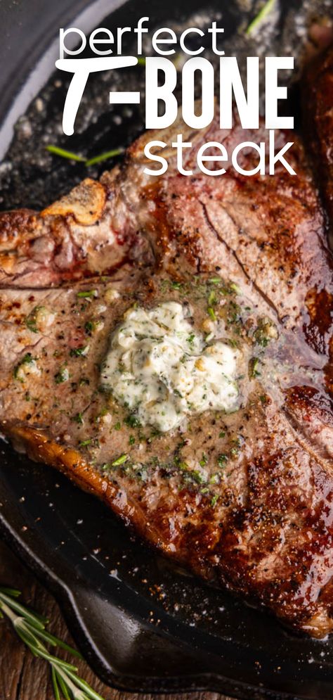 A closeup overhead view of a T-bone steak in a cast iron skillet. Pan Seared Ribeye, Steak Recipes Pan, Steak Recipes Pan Seared, Cooking The Best Steak, Breaded Steak, Steak Dinner Recipes, Ribeye Steak Recipes, Cook Steak, Pan Seared Steak