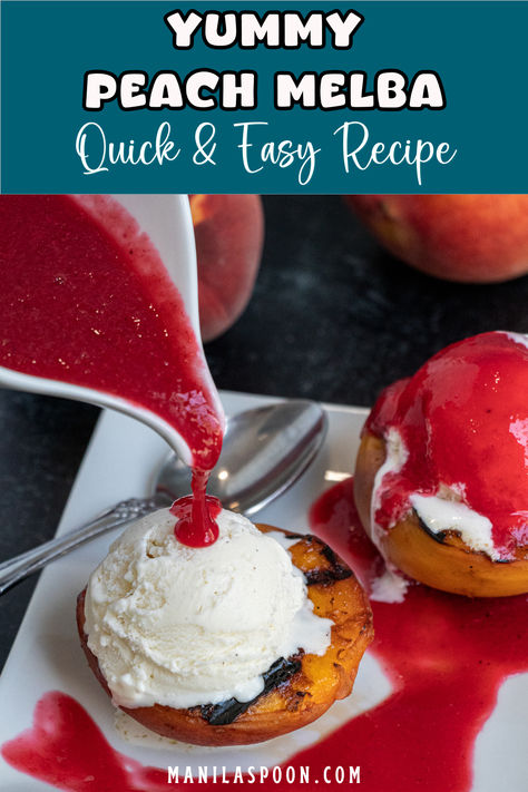 Quick and easy, delicious summer recipe made from grilled or broiled peaches, served with ice cream then drizzled with fresh raspberry sauce - yummy Peach Melba! Melba Sauce Recipe, Broiled Peaches, Melba Sauce, Peach Melba Recipe, Fresh Raspberry Sauce, Lemon Snack, Easy Icing, Peach Melba, Sweet Treats Desserts