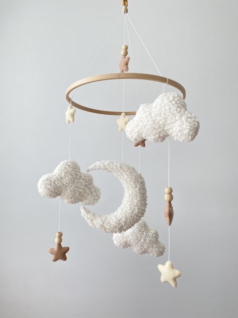 Felted Mobile, Felt Baby Mobile, Birthday Details, Baby Nursery Design, Moon Mobile, Cot Toys, Cloud Mobile, Baby Boy Room Decor, Cot Mobile