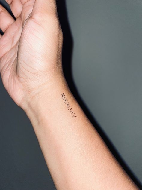 Bible verse translated to Roman numerals; XIX.XLVI.V and used for wrist tattoo Bible Verse Tattoo On Wrist, Psalm 113:3 Tattoo, Small Roman Numeral Tattoo Wrist, Wrist Tattoos Bible Verse, Tiny Bible Verse Tattoos, Psalm 30:5 Tattoo, Pslam91 Tattoo, Psalm Tattoo Ideas, 46:5 Psalm Tattoo