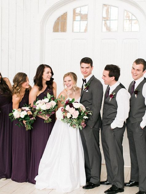 Plum Wedding Colors, Gray Wedding Party, White Tuxedo Wedding, Deep Purple Wedding, October Wedding Colors, Plum Bridesmaid, Gray Wedding Colors, Plum Bridesmaid Dresses, White Bridal Gown