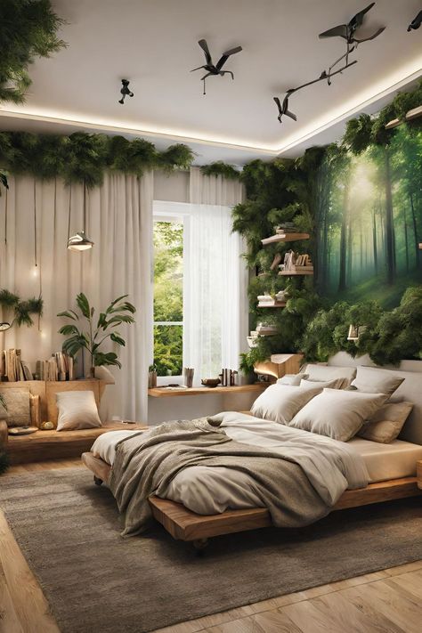 A forest-themed bedroom design brings the tranquility and natural beauty of the outdoors into the comfort of one's home, creating a serene and rejuvenating space. This design concept draws inspiration from lush woodlands, incorporating elements like tree motifs, leafy patterns, and earthy hues to evoke a sense of being amidst nature. Nature Room Decor Bedroom Ideas, Plant Aesthetic Bedroom Ideas, Apartment Bedroom Themes, Woodland Inspired Bedroom, Cave Inspired Bedroom, Swamp Themed Bedroom, Forest Aesthetic Home Decor, Theme Room Ideas For Adults, Outdoors Bedroom Theme