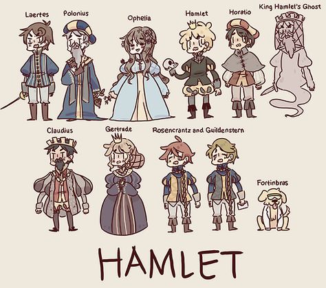 Hamlet Cartoon Cast. Laertes & Ophelia are Polonius' children. Hamlet is son to Gertude & King Hamlet (ghost). Claudius is King Hamlet's brother & Hamlet's uncle/step-father when he marries Gertude. Rosencrantz & Guildenstern are the bodyguards of the castle. Hamlet Characters, Hamlet And Ophelia, Shakespeare Characters, Hulk Character, Shakespeare Hamlet, 캐릭터 드로잉, Theatre Kid, Fan Book, William Shakespeare