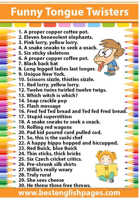 Amazing & Funny Tongue Twisters - English ESL Worksheets for distance learning and physical classrooms Tongue Twisters In English, Funny Tongue Twisters, Tongue Twisters For Kids, Funny Riddles With Answers, Funny Riddles, Tongue Twisters, English Games, Speaking Activities, English Lessons For Kids