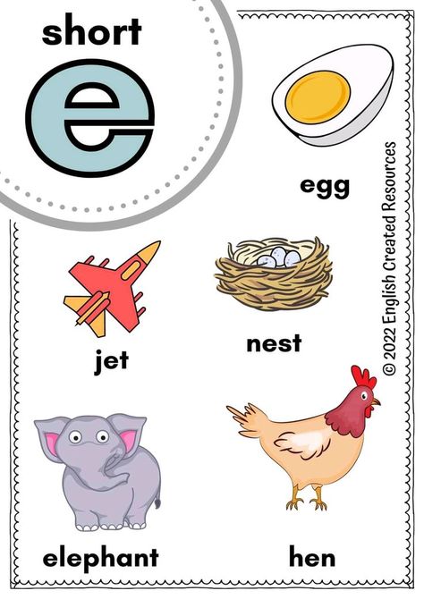 Classroom Objects, Short E Words, Phonics Reading Passages, Craft Printables, All About Me Preschool, Preschool Reading, Reading For Beginners, Alphabet Phonics, Short Vowel Sounds