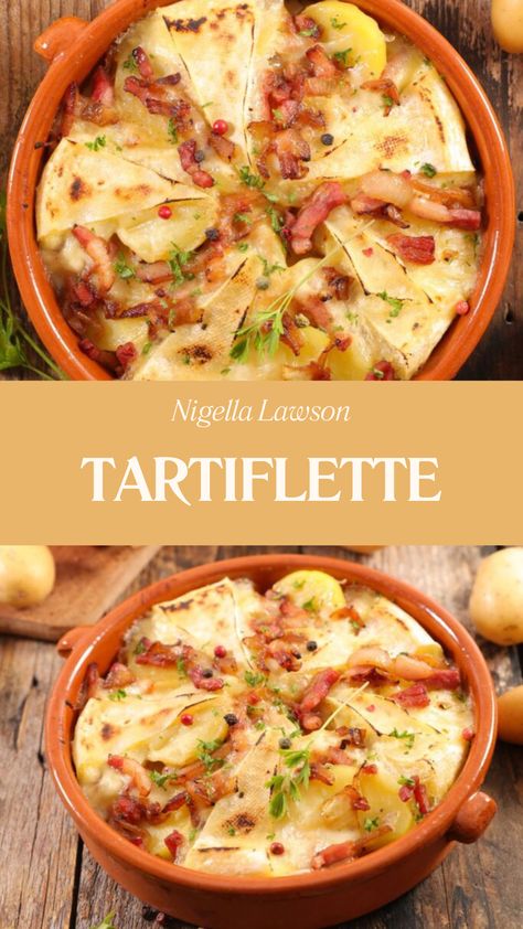 Nigella Tartiflette British Dinner Recipes, Potato Tart Recipe, Tartiflette Recipe, Nigella Lawson Recipes, Potatoes Crispy, Lunch Dessert, New Recipes For Dinner, Cheese Baked, Sweet Cooking