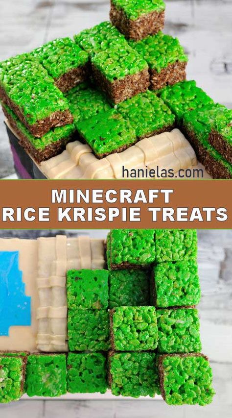 Minecraft Rice Krispies, Minecraft Birthday Dessert, Minecraft Appetizers, Gaming Birthday Party Food Ideas, Minecraft Party Treats, Minecraft Birthday Party Ideas Cake, Mind Craft Birthday Party Ideas, Cheap Minecraft Party Ideas, Minecraft Sensory Bin