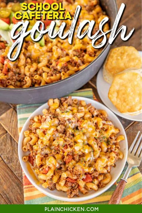 School Cafeteria Goulash - Plain Chicken Lunch Lady Recipes, Lunchroom Recipes, Gacha Backgrounds School, Lunch Recipies, Backgrounds School, Mexican Chopped Salad, Easy Goulash Recipes, 90s School, Tamale Casserole