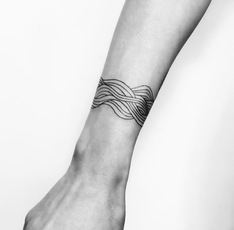 Water Line Art Tattoo, Wave Band Tattoo Design, Minimalist River Tattoo, Wave Band Tattoo, Sea Tattoo Design, Brownstone Backyard, Symmetry Tattoo, Surf Tattoos, Arm Cuff Tattoo