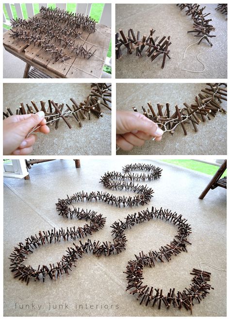 Twig Garland Decoration, Cinnamon Stick Garland, Bunting Ideas Unusual, Twig Garland, Rustic Garland, Natal Natural, Twig Crafts, Garland Tutorial, Chirstmas Decor