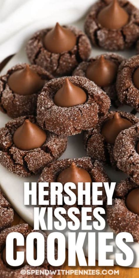 Hershey Recipes, Chocolate Kiss Cookies, Hershey Kiss Cookies, Chocolate Thumbprint Cookies, Recipe Cookies, Thumbprint Cookies Recipe, Christmas Cookie Recipes, Kiss Cookies, Chocolate Sugar Cookies