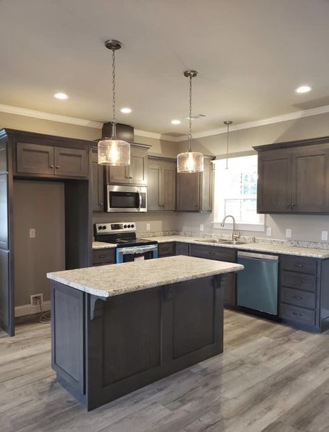 Kitchen With Grey Hardwood Floor, Kitchen Flooring With Grey Cabinets, Small Kitchen Remodel Dark Cabinets, Kitchen Ideas With Grey Floors, Light Cabinets Dark Floors, Kitchen Cabinet Decorations, Colors Kitchen Cabinets, Cabinet Makeover Kitchen, Cabinet Storage Kitchen