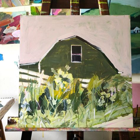 Shelby Monteverde on Instagram: “Earthy green barn against a dusty lavender sky with a little bit of chartreuse among the wildflowers 🌾🌾🌾 I love exploring different color…” Hanging Art Installation, Lavender Sky, Among The Wildflowers, Green Barn, Colorful Landscape Paintings, Illustration Process, Acrylic Painting Inspiration, Dusty Lavender, Earthy Green